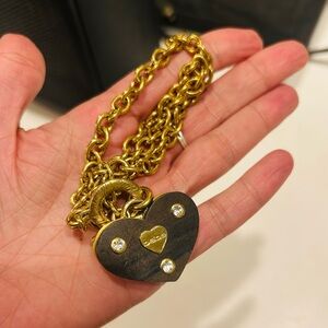 RARE Bebe Gold Dark Wood Heart Charm Rhinestone Toggle Logo Necklace